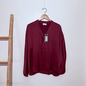 NWT R Label The Reset Currant Burgandy Satin Long Sleeve Blouse Top Sz M